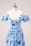 Blue Off the Shoulder A-Line Floral Bridesmaid Dress