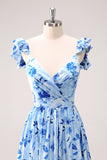 Blue Off the Shoulder A-Line Floral Bridesmaid Dress