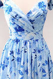 Blue Off the Shoulder A-Line Floral Bridesmaid Dress