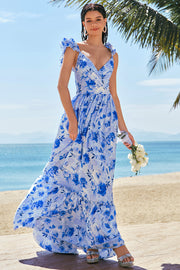 Blue V-Neck A-Line Floral Printed Bridesmaid Dress