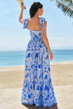 Blue Off the Shoulder A-Line Floral Bridesmaid Dress