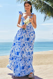 Blue V-Neck A-Line Floral Printed Bridesmaid Dress