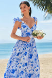 Blue V-Neck A-Line Floral Printed Bridesmaid Dress