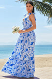 Blue V-Neck A-Line Floral Printed Bridesmaid Dress