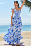 Blue V-Neck A-Line Floral Printed Bridesmaid Dress