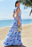 Blue V-Neck A-Line Floral Printed Bridesmaid Dress