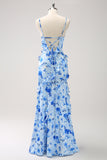 Blue Ruffled Sheath Floral Printed Bridesmaid Dress with Slit