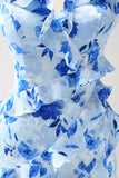 Blue Ruffled Sheath Floral Printed Bridesmaid Dress with Slit