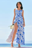 Blue Ruffled Floral Bridesmaid Dress with Slit