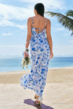 Blue Ruffled Sheath Floral Printed Bridesmaid Dress with Slit