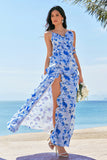 Blue Ruffled Sheath Floral Printed Bridesmaid Dress with Slit