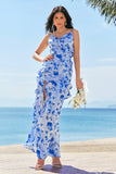 Blue Ruffled Sheath Floral Printed Bridesmaid Dress with Slit