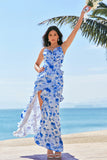 Blue Ruffled Sheath Floral Printed Bridesmaid Dress with Slit