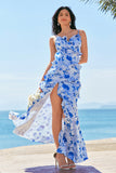 Blue Ruffled Sheath Floral Printed Bridesmaid Dress with Slit