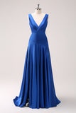 Ink Blue V-Neck Satin Ruched A-Line Bridesmaid Dress with Slit