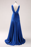 Ink Blue V-Neck Satin Ruched A-Line Bridesmaid Dress with Slit