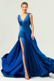 Ink Blue V-Neck Satin Ruched A-Line Bridesmaid Dress with Slit