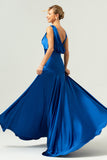 Ink Blue V-Neck Satin Ruched A-Line Bridesmaid Dress with Slit