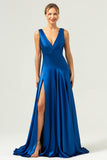 Ink Blue V-Neck Satin Ruched A-Line Bridesmaid Dress with Slit