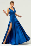 Ink Blue V-Neck Satin Ruched A-Line Bridesmaid Dress with Slit