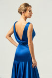 Ink Blue V-Neck Satin Ruched A-Line Bridesmaid Dress with Slit