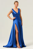 Ink Blue V-Neck Satin Ruched A-Line Bridesmaid Dress with Slit