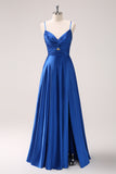 Ink Blue Front Twist Satin A-Line Bridesmaid Dress with Slit