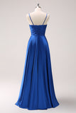 Ink Blue Satin Front Twist A-Line Pleated Bridesmaid Dress