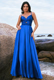 Ink Blue Satin Front Twist A-Line Pleated Bridesmaid Dress