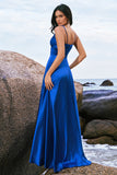 Ink Blue Satin Front Twist A-Line Pleated Bridesmaid Dress