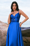 Ink Blue Satin Front Twist A-Line Pleated Bridesmaid Dress