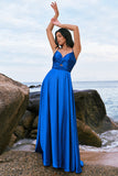 Ink Blue Satin Front Twist A-Line Pleated Bridesmaid Dress