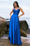 Ink Blue Satin Front Twist A-Line Pleated Bridesmaid Dress