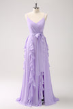 Lilac Spaghetti Straps Ruffled A-Line Bridesmaid Dress with Slit