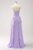 Lilac Ruffled A-Line Chiffon Bridesmaid Dress with Sash