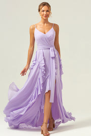 Lilac Spaghetti Straps Ruffled A-Line Bridesmaid Dress with Slit