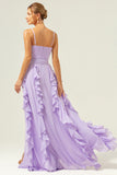 Lilac Spaghetti Straps Ruffled A-Line Bridesmaid Dress with Slit