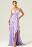 Lilac Spaghetti Straps Ruffled A-Line Bridesmaid Dress with Slit