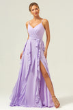 Lilac Spaghetti Straps Ruffled A-Line Bridesmaid Dress with Slit