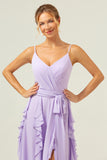 Lilac Spaghetti Straps Ruffled A-Line Bridesmaid Dress with Slit