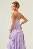 Lilac Spaghetti Straps Ruffled A-Line Bridesmaid Dress with Slit