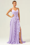 Lilac Spaghetti Straps Ruffled A-Line Bridesmaid Dress with Slit