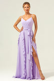 Lilac Spaghetti Straps Ruffled A-Line Bridesmaid Dress with Slit