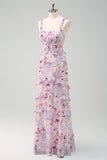 Elegant Grey Purple Sheath Floral Bridesmaid Dress