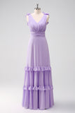 Lilac V-Neck A-Line Chiffon Bridesmaid Dress with Ruffles