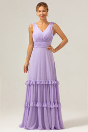 Lilac V-Neck A-Line Chiffon Bridesmaid Dress with Ruffles