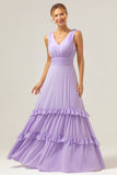 Lilac V-Neck A-Line Chiffon Bridesmaid Dress with Ruffles