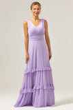 Lilac V-Neck A-Line Chiffon Bridesmaid Dress with Ruffles