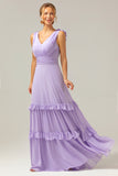 Lilac V-Neck A-Line Chiffon Bridesmaid Dress with Ruffles