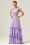 Lilac V-Neck A-Line Chiffon Bridesmaid Dress with Ruffles